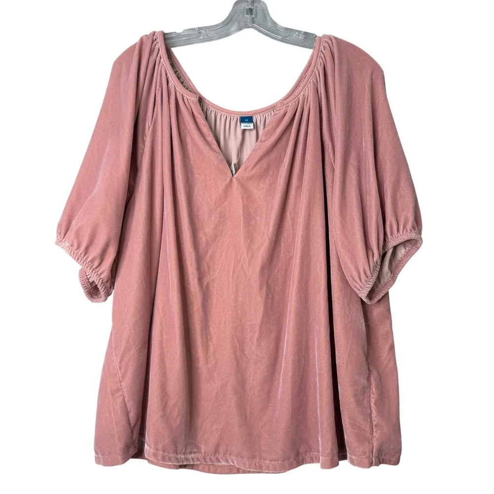 New Old Navy Split Neck Velvet Swing Top Womens Plus Size 2X Pink Puff Sleeve